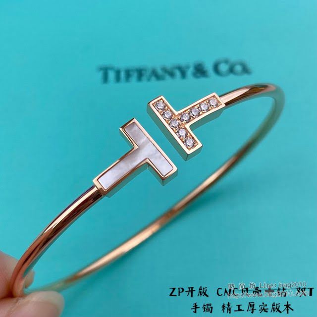 Tiffany飾品 蒂芙尼女士專櫃爆款T Square白金手鐲 Tiffany松石帶鑽雙t手鐲  zgt1698